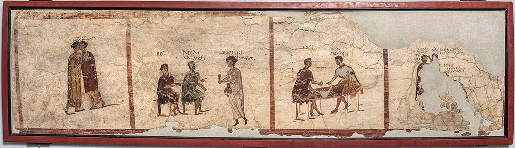 VI.14.36 Pompeii. Four frescoes set in a white panel above a red dado on the north wall.
Now in Naples Archaeological Museum. Inventory number 111482.