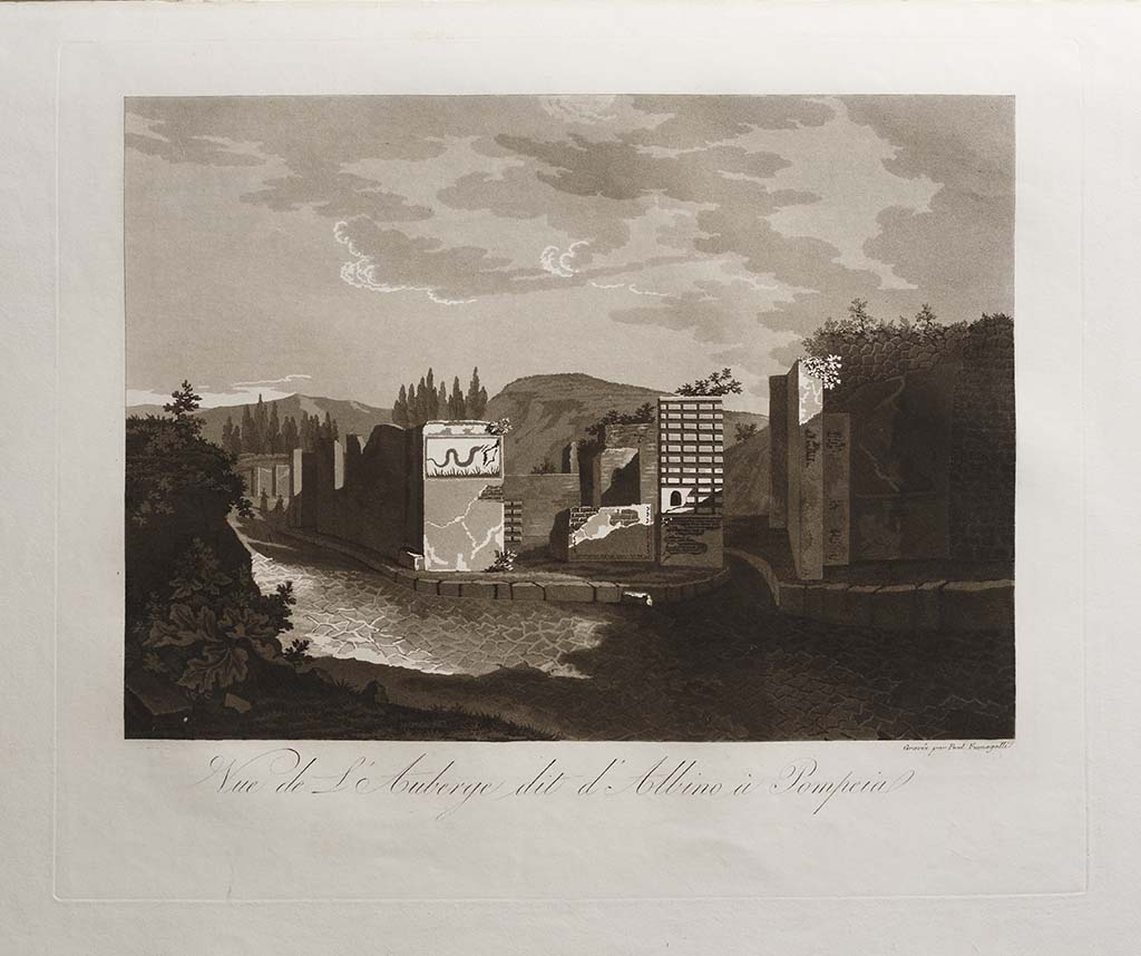 Pompeii Street Shrine at VI.4.1. 1822-4 painting by Paolo Fumagalli showing faade, street shrine and snake painting. 
The snake painting is reversed from that of Mazois and Gell. 
The painting has the title Vue de l'Auberge dit d'Albino  Pompeia.
The narrative in his book though describes clearly the hospitium of Albinus at VI.17.1.
See Fumagalli P. Pompeia, trattato pittorico, storico, e geometrico, opera disegnata negli anni 1824 al 1830, Firenze, Fumagalli, p. 37 and unnumbered picture.
Photo courtesy Thorvaldsensmuseum Copenhagen. Inventory number E550,50. See photo on museum web site  CC0 - dedicated to Public Domain
