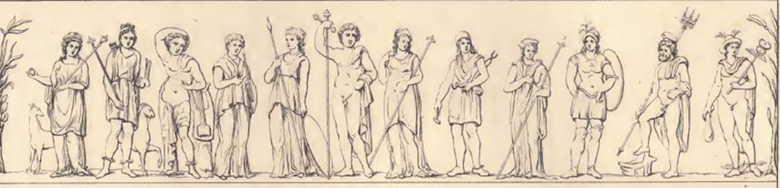 Painted street shrine to twelve gods on corner of insula at VIII.3.11. Pre-1840 drawing of the Twelve Gods. Discovered in 1818. 
Roux describes this painting as executed in a correct but curious way in that it shows the twelve main gods with their attributes.
From the left Roux names them as Venus, Diana, Apollo, Vesta, Minerva, Jupiter, Juno, Vulcan, Crs, Mars, Neptune and Mercury.
Beneath this painting were painted two serpents.
See Roux, H., 1840. Herculanem et Pompei recueil general des Peintures, Bronzes, Mosaiques : Tome 5. Paris: Didot. (planche 11).
