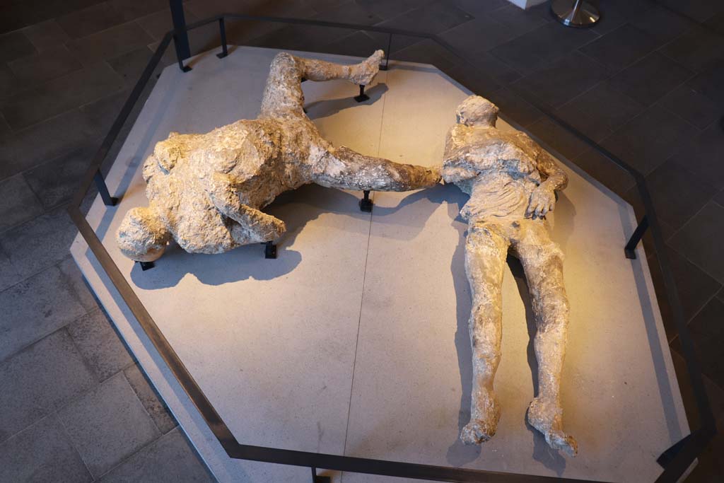 Victims 92 and 93. February 2021. Plaster-cast of a young slave, victim 92 (right), and an adult man, victim 93 (left), from Cività Giuliana, in Pompeii Antiquarium.
Photo courtesy of Fabien Bièvre-Perrin (CC BY-NC-SA).

Vittime 92 e 93. Febbraio 2021. Calco in gesso di un giovane schiavo, vittima 92 (a destra), e un uomo adulto, vittima 93 (a sinistra), da Civita Giuliana, all'Antiquarium di Pompei.
Foto per gentile concessione di Fabien Bièvre-Perrin (CC BY-NC-SA).

