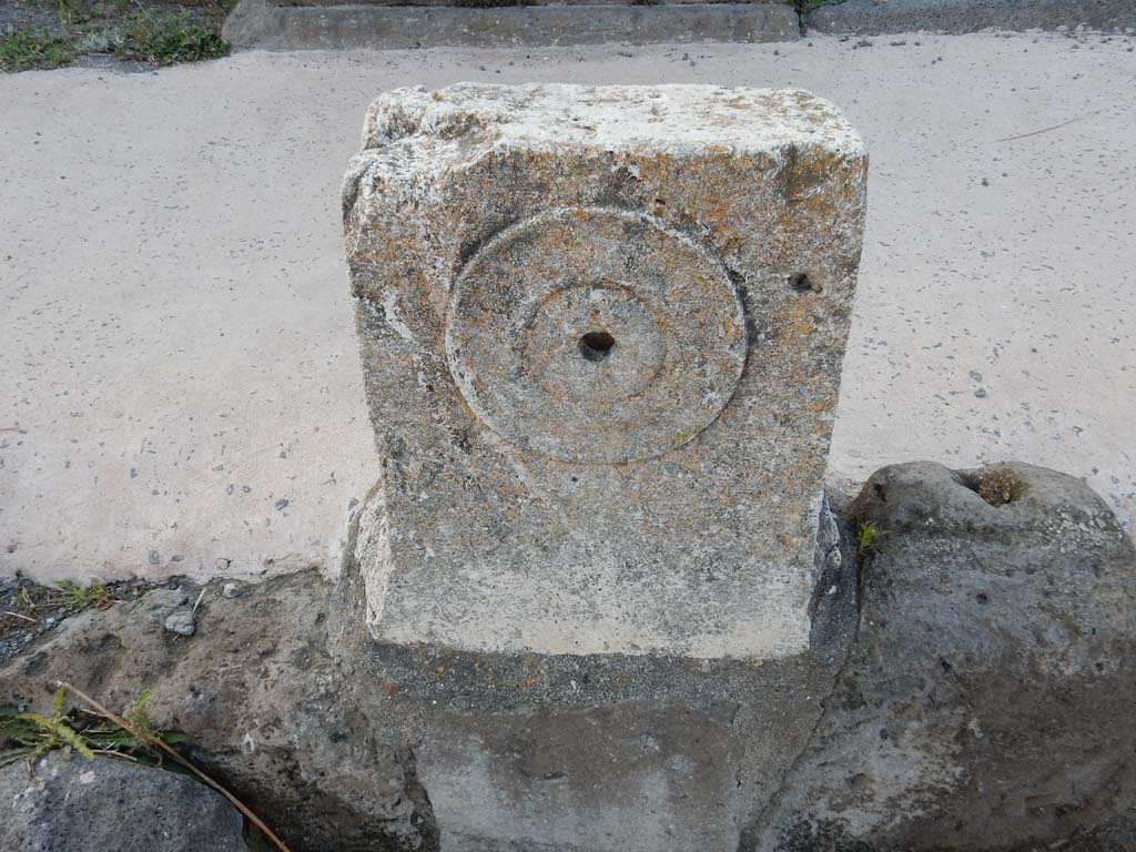 V.1.3 Pompeii. June 2019. Looking north at fountain between V.1.3 and V.1.4. with detail of relief of patera or plate.
Photo courtesy of Buzz Ferebee.
