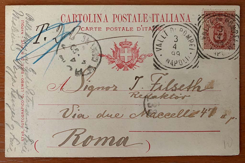 Front of 1899 postcard. It is addressed to J. Filseth, Redaktor, in Rome.
This could be Johan Filseth (born 25 September 1862 in Romedal, Norway, died 5 September 1927 in Denmark). 
Filseth was the founder, in 1894, and long-time editor of the newspaper Gudbrandsdølen in Lillehammer.
He was connected to Denmark through his wife, a Danish woman, Laura Anna Emilie Krabbe (1879-1969) who he married in 1900.
Photo courtesy of Rick Bauer.

