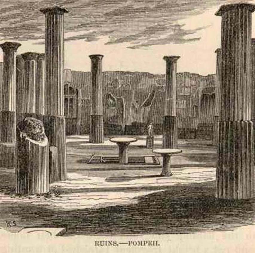 VIII.4.4 Pompeii. 1869 illustration from Mark Twain’s 1867 visit to Pompeii. Looking south from tablinum across peristyle into the exedra on the far side.
In 1867 immediately following the American Civil War U.S. author and humourist Mark Twain undertook a decidedly modest yet greatly aspiring "grand tour" of Europe, the Middle East, and the Holy Land, which he chronicled in his highly popular satire The Innocents Abroad. 
Not only was it the best-selling of Twain's works during his lifetime, it became one of the best-selling travel books of all time.
Twain in his chapter on Pompeii [XXXI] says "It was a quaint and curious pastime, wandering through this old silent city of the dead—lounging through utterly deserted streets where thousands and thousands of human beings once bought and sold, and walked and rode, and made the place resound with the noise and confusion of traffic and pleasure. They were not lazy. They hurried in those days. We had evidence of that. There was a temple on one corner, and it was a shorter cut to go between the columns of that temple from one street to the other than to go around—and behold that pathway had been worn deep into the heavy flagstone floor of the building by generations of time-saving feet! They would not go around when it was quicker to go through. We do that way in our cities."
See Twain, M., 1869. The Innocents Abroad. San Francisco: Bancroft, Ch. XXXI.

