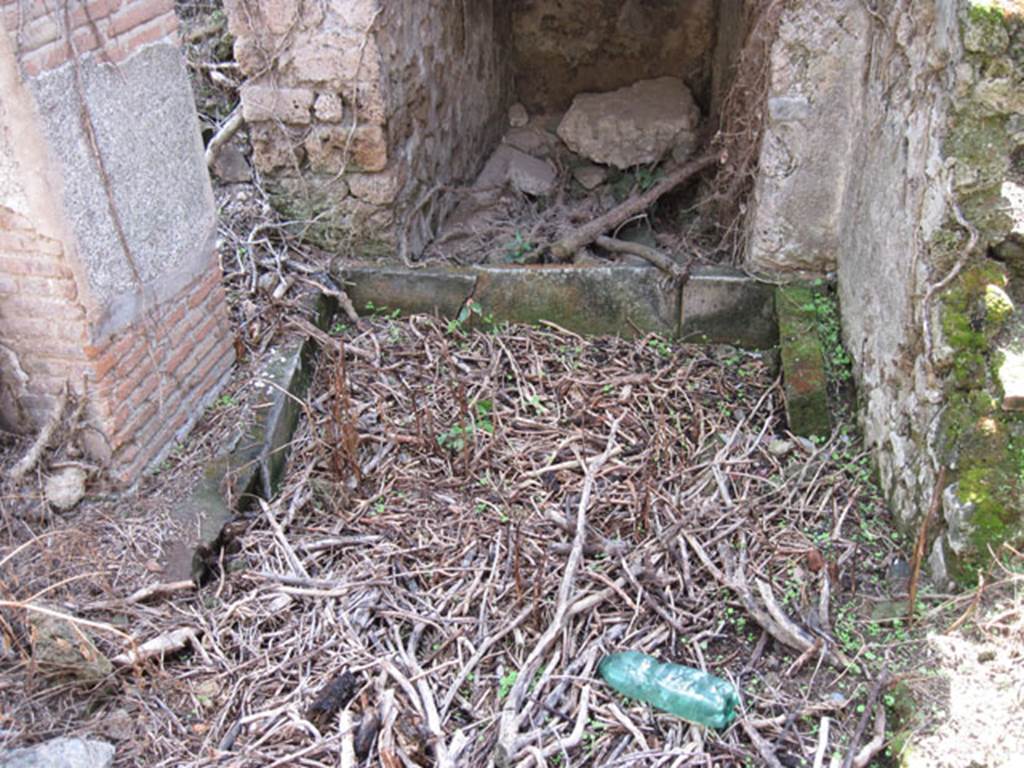 I.3.3 Pompeii. September 2010. Subterranean Level, looking south towards the area on the east side of the steps, and detail of basin. Photo courtesy of Drew Baker.
Mau described the basin, as not very deep and lined with tufa. According to Mau, it was not easy to define these rooms with certainty. It was not a bath, but it would be possible, and I am disposed to think it, that here one did the laundry.  See Mau, A, in BdI 1874, (p.180)
According to Fiorelli, there was the staircase that led to the peristyle, but half way up one meets a short descent, that led to a complex of small rooms destined perhaps to be the bath, in the first of which we have a tank that takes water from the peristyle thanks to a tube (pipe) of lead. See Pappalardo, U., 2001. La Descrizione di Pompei per Giuseppe Fiorelli (1875). Napoli: Massa Editore. (p.38)
