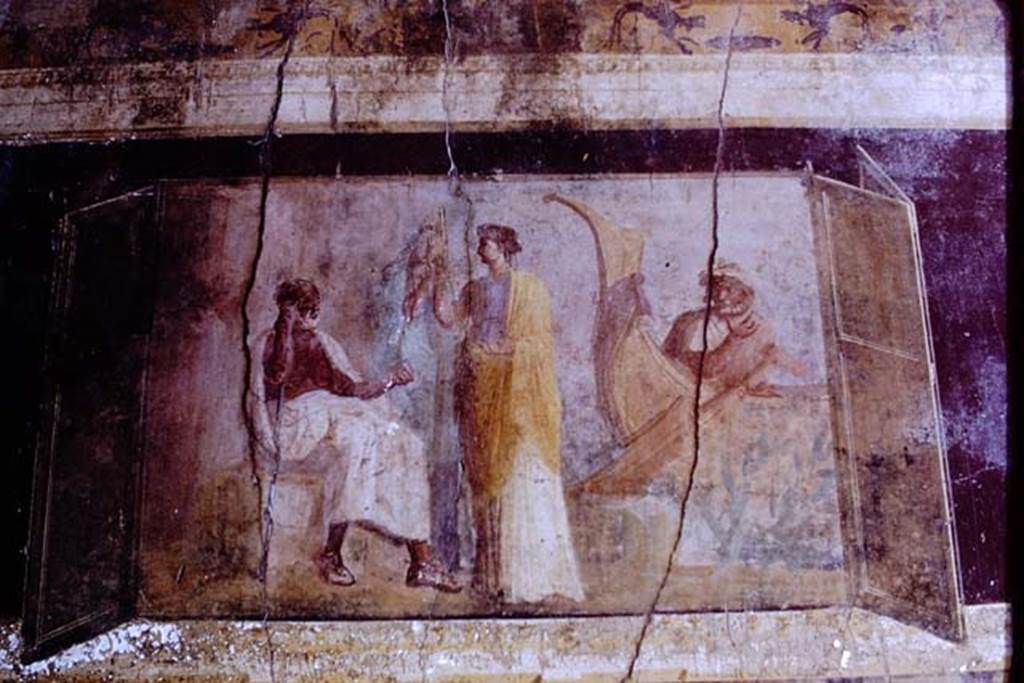 I.6.2 Pompeii, 1968.  Oecus in the south-east corner, wall painting showing a sitting philosopher, a standing woman and Charon, from centre of south wall.  Photo by Stanley A. Jashemski.
Source: The Wilhelmina and Stanley A. Jashemski archive in the University of Maryland Library, Special Collections (See collection page) and made available under the Creative Commons Attribution-Non Commercial License v.4. See Licence and use details.
J68f0527
