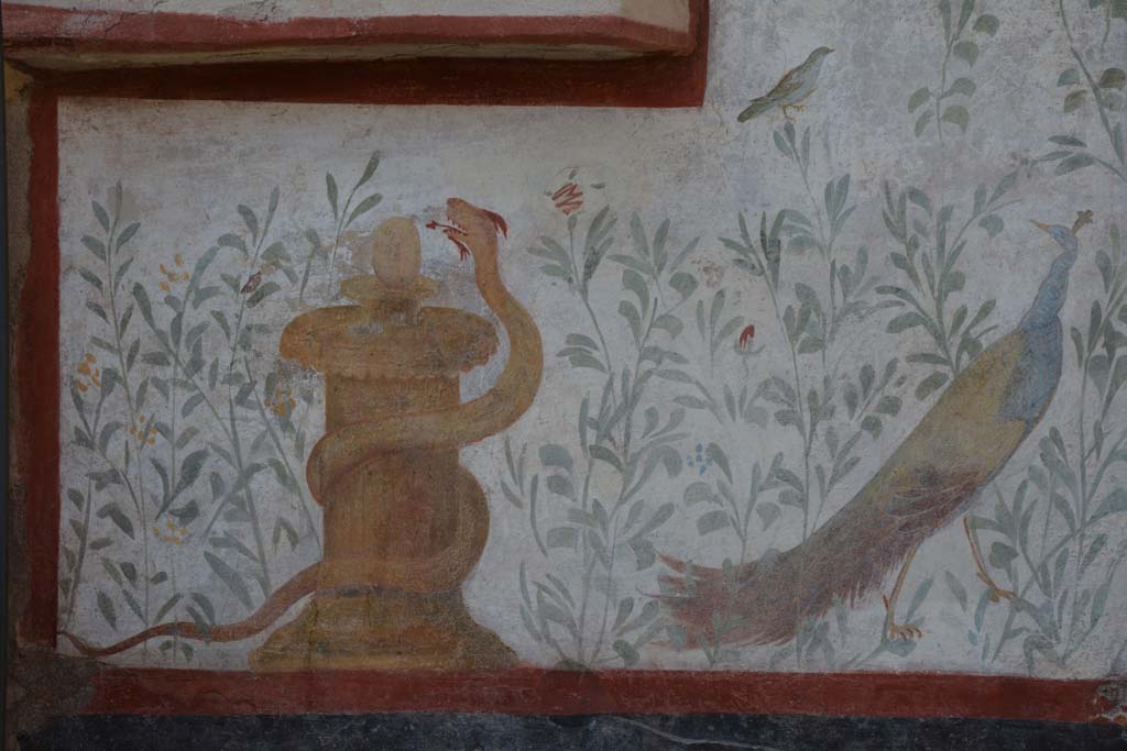 I.6.2 Pompeii. March 2019. Painted altar and peacock below Mercury.
Foto Annette Haug, ERC Grant 681269 DÉCOR.

