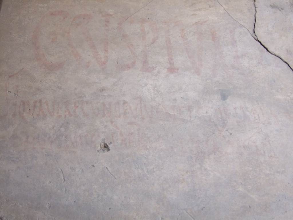 I.7.1 Pompeii. December 2007. Painted graffiti on west side of vestibule.
C. Cuspium Pansa aed(ilem)  Si qua verecunde viventi gloria est, Huic Iuveni debet gloria digna dari (CIL IV 7201)  See Della Corte, M., 1965.  Case ed Abitanti di Pompei. Napoli: Fausto Fiorentino. (p. 310)

