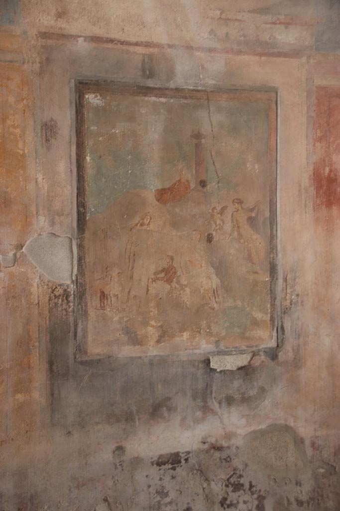 I.8.17 Pompeii. October 2024. 
Room 9, central wall painting from south wall. Photo courtesy of Klaus Heese.

