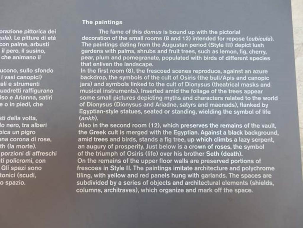 I.9.5 Pompeii. May 2016. Information card on third style paintings. Photo courtesy of Buzz Ferebee.
Please note, the “room 12” referred to on this card, refers to our room numbered 11.
