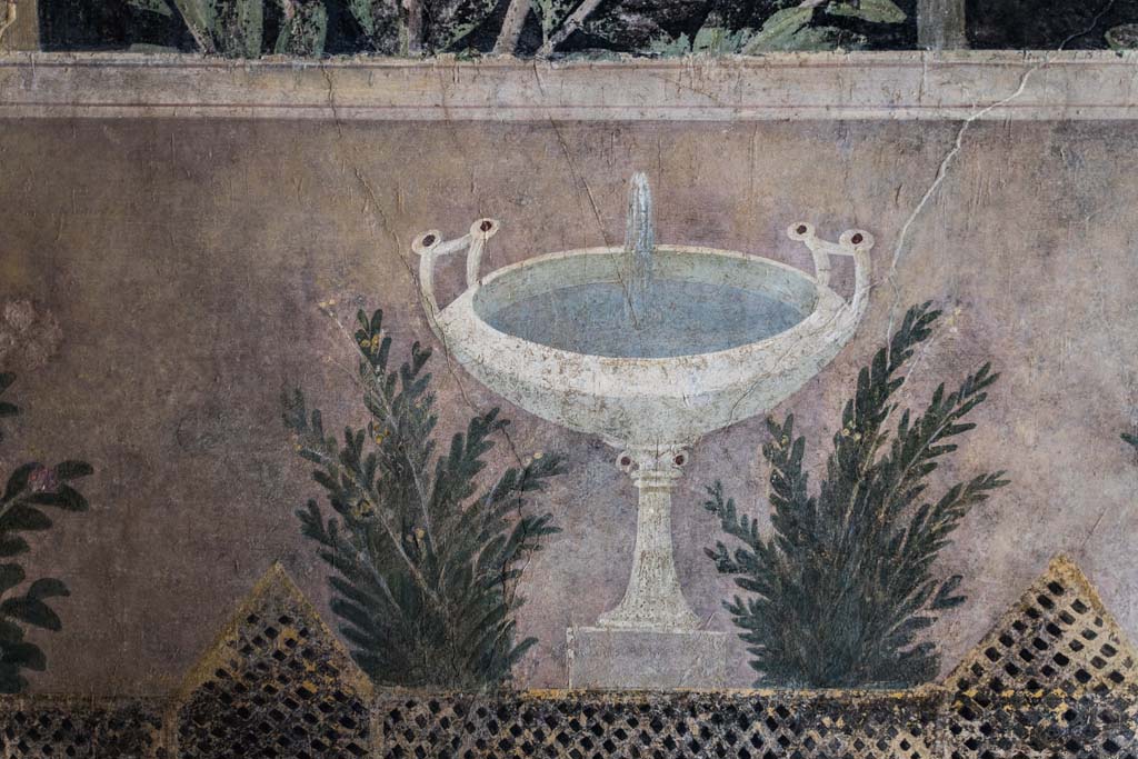 I.9.5 Pompeii. April 2022. 
Room 11, detail of painting of fountain from south wall in south-east corner. Photo courtesy of Johannes Eber.

