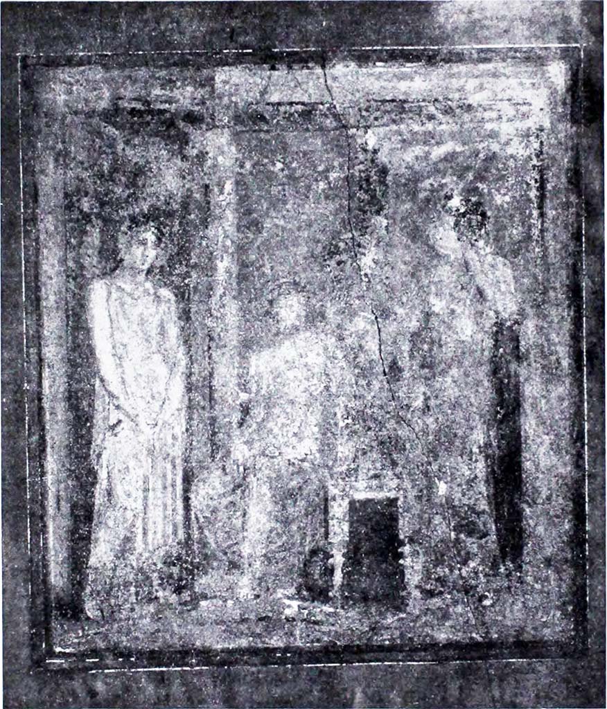 I.10.11 Pompeii. Room 8, central wall painting from west wall showing Dido abandoned.
See Notizie degli Scavi di Antichità, 1934, (p.331, fig.35).
See Carratelli, G. P., 1990-2003. Pompei: Pitture e Mosaici: Vol. II. Roma: Istituto della enciclopedia italiana, p. 476-7, n.54.

