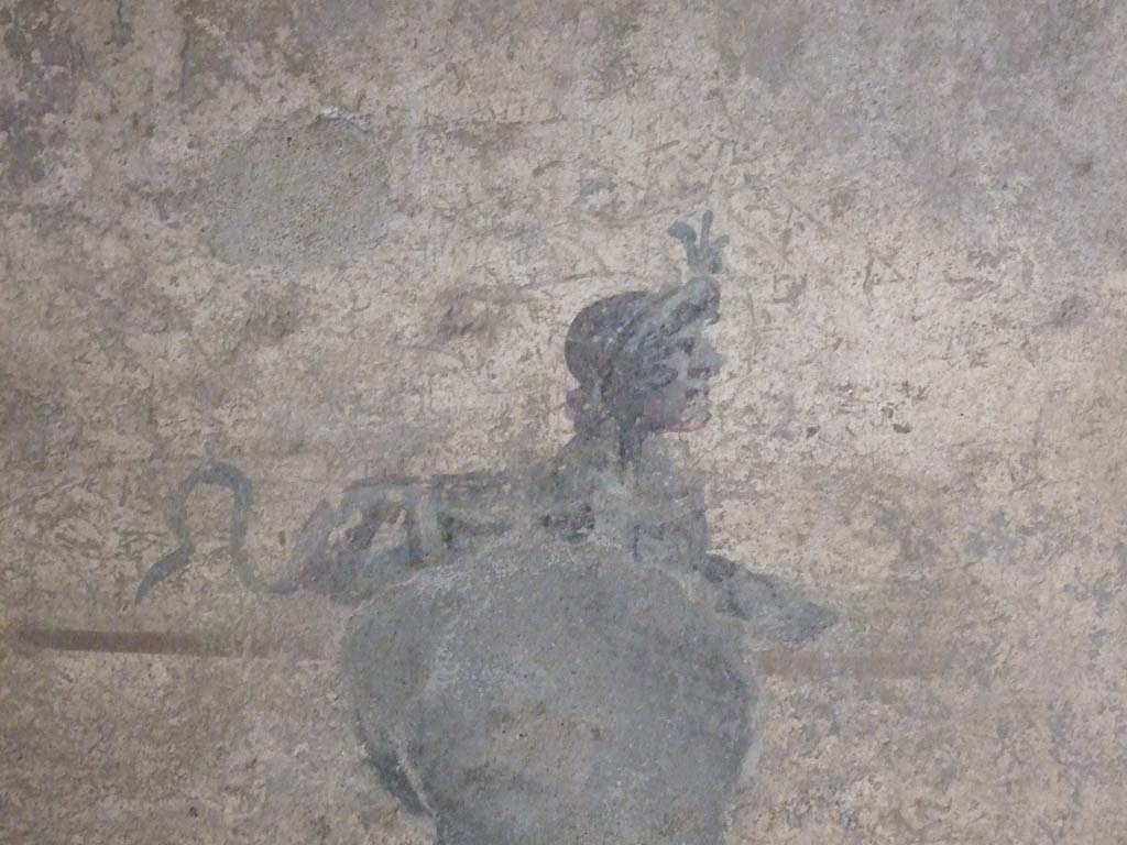 I.10.11 Pompeii. March 2009. Room 7, painting of sphinx from centre of panel at east end of south wall of cubiculum.  
See Bragantini, de Vos, Badoni, 1981. Pitture e Pavimenti di Pompei, Parte 1. Rome: ICCD.  (p.143).
