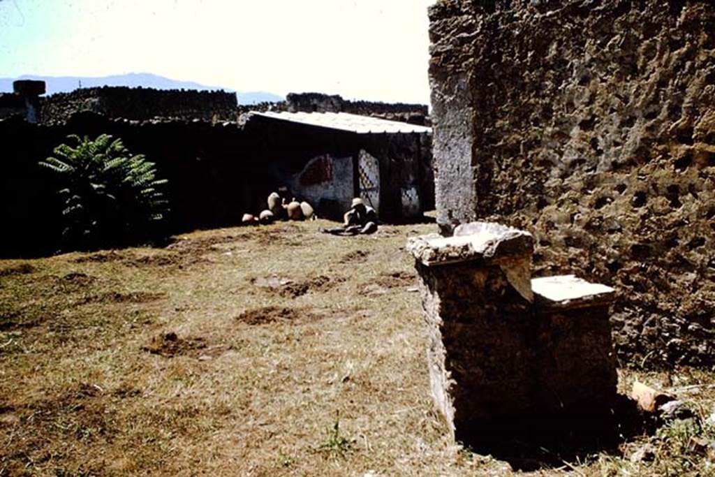 I.11.10 Pompeii. 1964. Looking from north-east corner of garden towards the small room against the south wall. Photo by Stanley A. Jashemski.
Source: The Wilhelmina and Stanley A. Jashemski archive in the University of Maryland Library, Special Collections (See collection page) and made available under the Creative Commons Attribution-Non Commercial License v.4. See Licence and use details.
J64f1541
