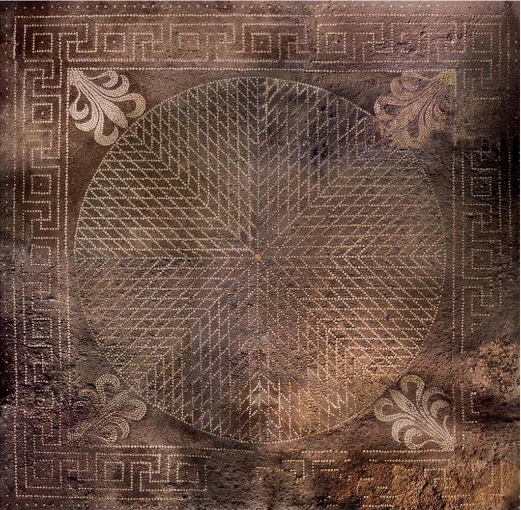 I.14.2 Pompeii. Room H, mosaic floor. Fig. 170  Pavement mosaqu de lcus ( CNRS-CCJ, Christine Durand). 
As shown by the overlap of the wall plaster on the floor, the mural paintings of the oecus were put in place after the installation of the pavement. 
This one, in opus signinum inlaid with white tesserae, is in a very good state of conservation. 
The outer band is decorated with a regular seeding of white tesserae. 
The central carpet (2,795m x 2,79 m) has a meander band of swastikas and squares. 
The meander borders a square panel decorated with a "diamond shield" developing around a white ring; in each corner is a palmette.
This type of pavement is common in Pompeii, where several examples have been found. It is generally dated from the 2nd century BC.
Voir Chapitre 2 : Latelier de fabrication de nattes de la via di Nocera (I 14, 2) in Magali Cullin-Mingaud, 2010. La vannerie dans l'Antiquit romaine: Collection du Centre Jean Brard 35. Paris. Centre Jean Berard, p. 129-171, fig. 170.
https://books.openedition.org/pcjb/706  
