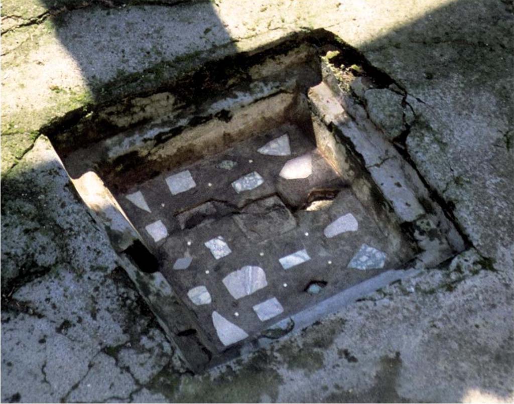 I.14.2 Pompeii. Impluvium with marble insert decoration.
Fig. 151  Dcor de limpluuium (photographie de Magali Cullin-Mingaud).
Voir Chapitre 2 : Latelier de fabrication de nattes de la via di Nocera (I 14, 2) in Magali Cullin-Mingaud, 2010. La vannerie dans l'Antiquit romaine: Collection du Centre Jean Brard 35. Paris. Centre Jean Berard, p. 129-171, fig. 151.
https://books.openedition.org/pcjb/706
