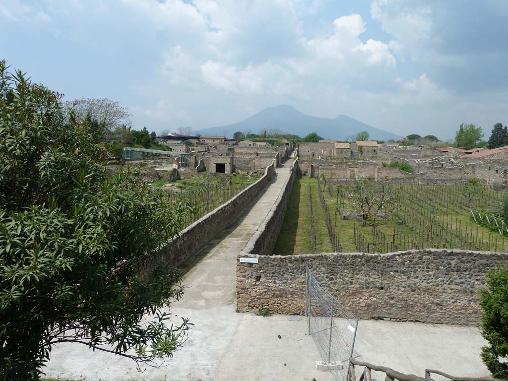 I.22 Pompeii. May 2010. Looking north along Vicolo della Nave Europa between I.22 and I.21.