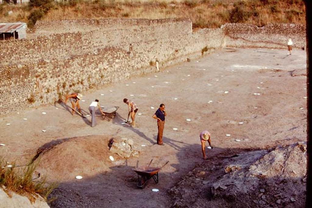 I.22 Pompeii. 1974. Looking south across site, with painted spheres marking the root cavities, which would be visible from the balloon.  Photo by Stanley A. Jashemski.   
Source: The Wilhelmina and Stanley A. Jashemski archive in the University of Maryland Library, Special Collections (See collection page) and made available under the Creative Commons Attribution-Non Commercial License v.4. See Licence and use details. J74f0412
