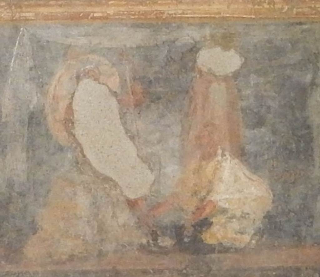 II.2.2 Pompeii. May 2016. Room “h”, south end of east wall of triclinium. 
Phoenix, with his two companions behind him, kneels in front of Achilles who is seated on the left.
See Lorenz K., 2013. In Epic Visions: Visuality in Greek and Latin Epic and its Reception. Cambridge U.P., p. 235-6.
Photo courtesy of Buzz Ferebee.

