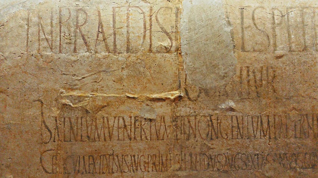 II.4.6 Pompeii. Found February 1756. Graffiti to the west side of doorway between II.4.5 and II.4.6.
Now in Naples Archaeological Museum. Inventory number 4713. Photo courtesy of Giuseppe Ciaramella, June 2017.
