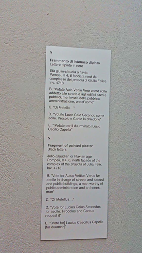 II.4.6 Pompeii. Found February 1756. Detail from fragment of painted plaster, with black letters. (CIL IV 1136).
Now in Naples Archaeological Museum. Inventory number 4713.
Photo courtesy of Giuseppe Ciaramella, June 2017.
