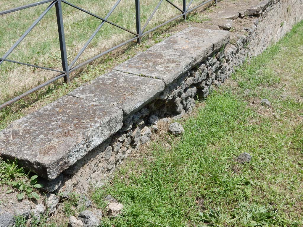 II.7 Pompeii. June 2019. Edge of pool in north-west corner. Photo courtesy of Buzz Ferebee.
Here was the sluice gate that controlled the water from the aqueduct.
According to NdS, "at the time of the eruption, this grandiose natatio was not in working order: one essential condition was missing: a water supply. The feeder canal was cut off and avulsed up to the height of its castellum aquae on the Via dell'Abbondanza; the pipework of the overflow canal was cut off; the shaft of the closing sluice gate was being restored or transformed; the whirlwind of lapilli that spilled into the vast area of the Palestra filled an empty and dried-up basin. This is further clear evidence of the serious disorder in which the city's water supply was at the time of the eruption, due, as we have surmised in our other exploration(s), to the complex renovation that Pompeii was carrying out of its urban aqueduct after the severe damage caused by the earthquake".
See Notizie degli Scavi di Antichità, 1939, p. 189-190.
