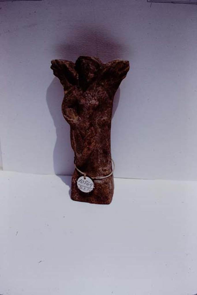 II.8.6 Pompeii. 1972. Terracotta votive offering of a slender female winged figure (0.165m high), found near lararium by the original 1953-54 excavators.
(Pompeii inv. no: 10569, dated  26.2.1954). Photo by Stanley A. Jashemski. 
Source: The Wilhelmina and Stanley A. Jashemski archive in the University of Maryland Library, Special Collections (See collection page) and made available under the Creative Commons Attribution-Non Commercial License v.4. See Licence and use details. J72f0315
According to dAmbrosio and Borriello, this is a terracotta statuette of a Cupid-Hermaphrodite (due to the presence of the breasts), from the garden lararium. 
See dAmbrosio, A. & Borriello, M , 1990. Le Terrecotte Figurate di Pompei . Rome, LErma di  Bretschneider, (No,.45, p.35, Tav.10)
