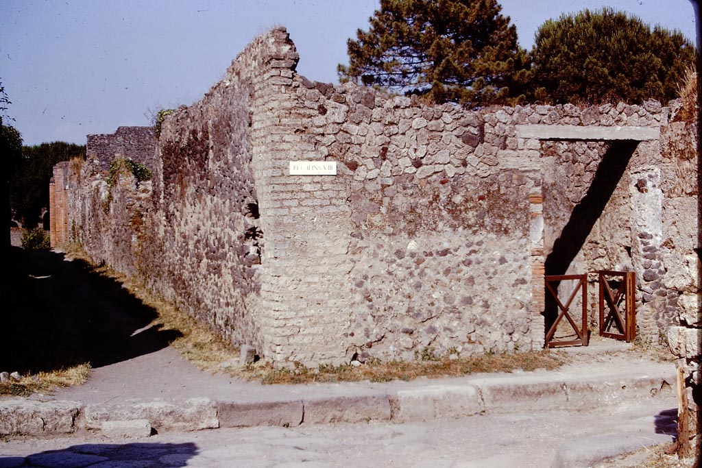 II.8.6 Pompeii, 1973. 
Looking east across Via di Nocera towards north exterior wall on Via della Palestra. Photo by Stanley A. Jashemski. 
Source: The Wilhelmina and Stanley A. Jashemski archive in the University of Maryland Library, Special Collections (See collection page) and made available under the Creative Commons Attribution-Non-Commercial License v.4. See Licence and use details.
J73f0225

