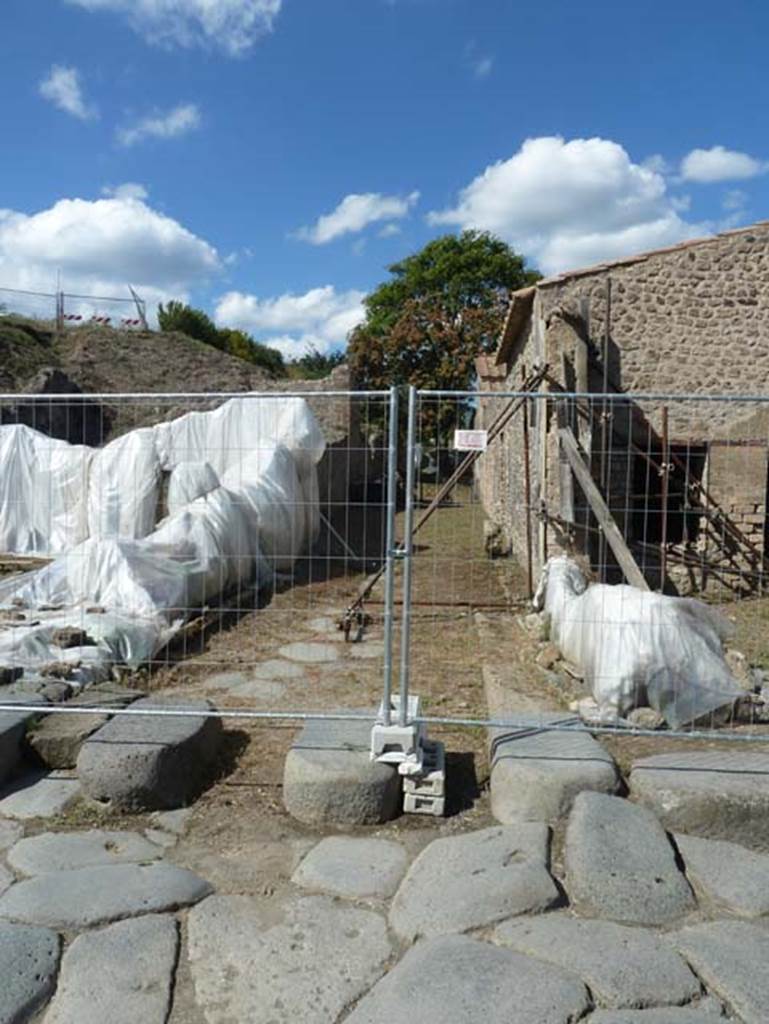 III.3.6 Pompeii, on left. September 2015. Vicolo di Ifigenia, looking north.  III.4.1 on right.