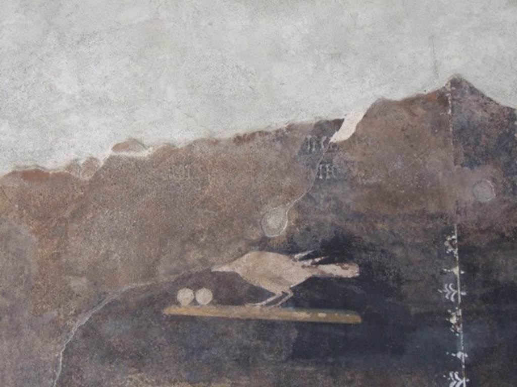 III.4.3  Pompeii. March 2009. Room 3. Second painted panel on south wall. The remains of one of the Latin moral verses, from which the house is named, is just visible and can be seen above the painted bird.
(Utere blandit)iis, odiosaque iurgia differ
Si potes, aut gressus ad tua tecta refer
See Della Corte, M., 1965. Case ed Abitanti di Pompei. Napoli: Fausto Fiorentino. (p.361. CIL IV 7698a-c)

(.) postpone your tiresome quarrels
If you can, or leave and take them home with you.
See Cooley, A. and M.G.L., 2004. Pompeii : A Sourcebook. London : Routledge. (p.73 CIL IV 7698a-c). 
