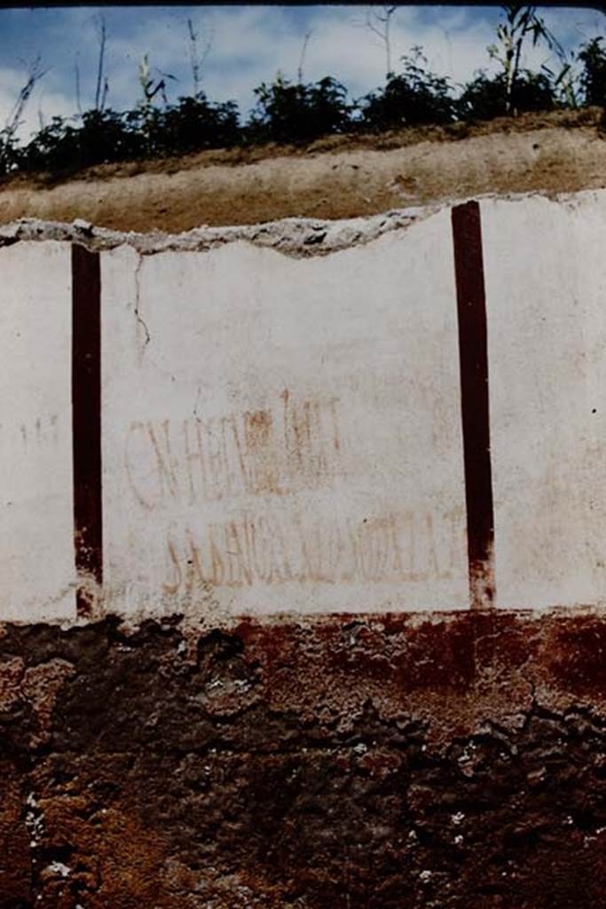 Vicolo di Ifigenia, east side, Pompeii. 1961. Inscription found to the north of doorway at III.4.e. 
The inscription reads -  
CN.HELVIUM 
SABINUM AED SODALA ROG.      [Giordano and Casale No. 27]
See Giordano, C. & Casale, A: Iscrizioni Pompeiane Inedite scoperte tra gli anni 1954-1978: Atti Acc Pont NsS 39, 1990 (1991) pp. 273ff.

According to Cooley this translates as 
Sodala asks for Cn. Helvius Sabinus as aedile.
See Cooley, A. and M.G.L., 2004. Pompeii : A Sourcebook. London : Routledge, p. 122, F55.

Photo by Stanley A. Jashemski.
Source: The Wilhelmina and Stanley A. Jashemski archive in the University of Maryland Library, Special Collections (See collection page) and made available under the Creative Commons Attribution-Non Commercial License v.4. See Licence and use details.
J61f0558
