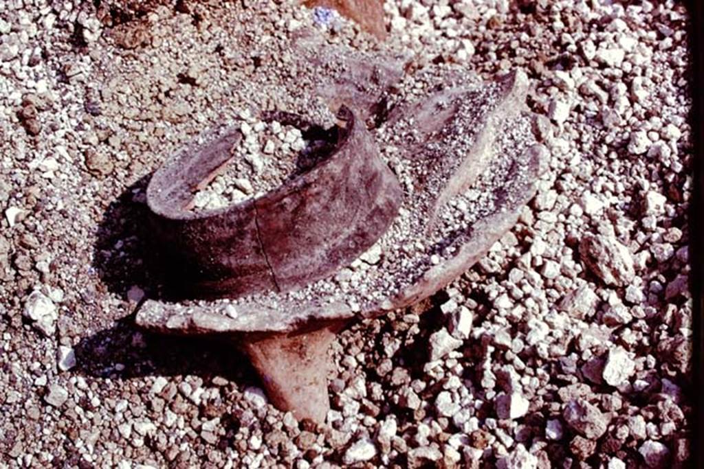 III.7 Pompeii. 1976. Found near the round structure, was the top portion of a large amphora which had been turned upside down, so that it could be used as a brazier.
It was filled with a deep layer of ashes. A blackened pot was still in place on the ashes. Photo by Stanley A. Jashemski.   
Source: The Wilhelmina and Stanley A. Jashemski archive in the University of Maryland Library, Special Collections (See collection page) and made available under the Creative Commons Attribution-Non Commercial License v.4. See Licence and use details. J76f0360
