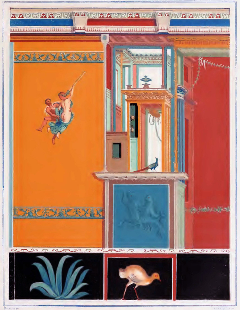 V.1.18 Pompeii. 1882 painting of wall with bacchante group. Room “l” (L), north wall at west end. 
According to Presuhn:
“At the Peristyle, accessible through a door from the fauces “h”, there is a small living room or bedroom, which by its very rich, well executed and interesting decoration has a high value. Unfortunately, it has fallen quickly into ruin; However, immediately after the excavation, we had all the walls, with all the details, copied to the best of our ability, and we intend to create a nice publication with these plates.
The centre wall is bounded above by a wide painted stucco cornice.
We have copied a wall panel with an intermediate field at h=“l north wall” (Tafel VI). where the piece was unfortunately shortly afterwards lost to moisture and frost. The opposite field (with i= “l south wall”) shows a similar Bacchante group very well preserved. and even more green and yellow monochrome can also be found on the walls; similar to the sea centaur on our page. A panel from a central field is in the museum at Naples.”

“Am Peristyle auch durch eine Tür von den fauces (g=“h“) zugänglich, befindet sich ein kleines Wohn oder Schlafzimmer, welches durch seine überaus reiche, gut ausgeführte und interessante Decoration einen hohen Werth hat. Unglücklicherweise ist es rasch dem Ruin verfallen; wir haben aber sofort nach der Ausgrabung sämmtliche Wände mit allen Details aufs beste copiren lassen, und gedenken mit diesen Tafeln eine hübsche Publication zu veranstalten.
Die Mittelwand ist oben durch einen breiten bemalten Stuckkarniess begrenzt.
Wir haben ein Wandfeld mit einem Zwischenfelde bei (h) copirt (Tafel VI), wo der Stück leider kurz nachher durch Nässe und Frost sich abgelöst hat. Das gegenüberliegende Feld (bei "i") zeigt eine ähnliche Bacchantengruppe sehr gut erhalten, und ebenso fìnden sich an den Wänden noch mehrere grüne und gelbe Monochrome; ähnlich wie der Seekentaur auf unserem Blatt. Ein Tafelbild aus einem Mittelfelde ist ins Museum zu Neapel versetzt.“

See Presuhn E., 1882. Pompeji: Die Neuesten Ausgrabungen von 1874 bis 1881. Leipzig: Weigel. Abtheilung II, p. 4, Taf. VI.

