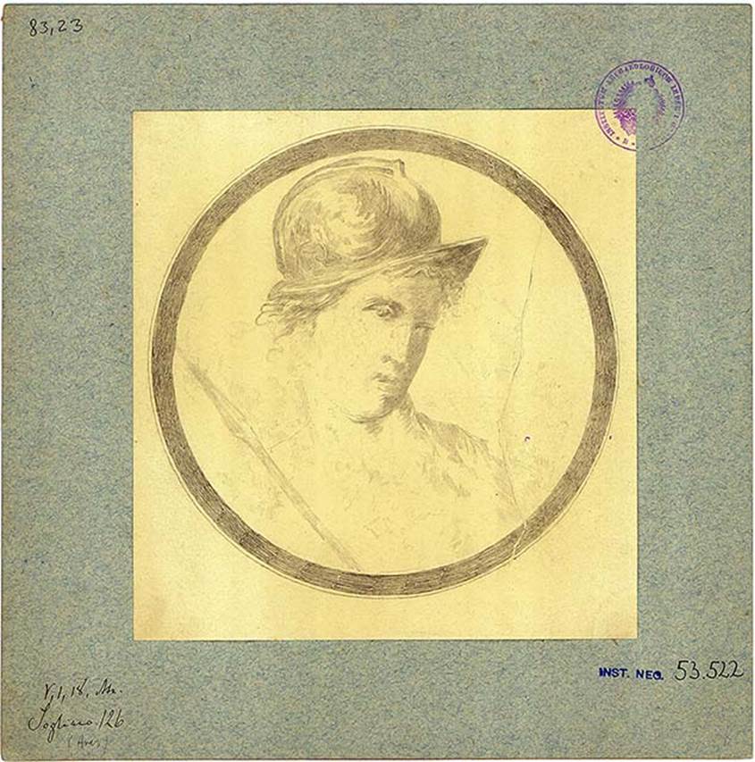 V.1.18 Pompeii. Atrium “b”. Drawing of medallion painting with bust of Ares/Mars with helmet and lance.
DAIR 83.23. Photo © Deutsches Archäologisches Institut, Abteilung Rom, Arkiv. 
See http://arachne.uni-koeln.de/item/marbilder/5022199 
Found on the right wall, at the right end.
See Bullettino dell’Instituto di Corrispondenza Archeologica (DAIR), 1877, p. 20.
