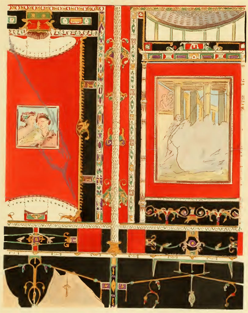 V.1.26 Pompeii. Undated painting by Pierre Gusman. Room “i”, detail from east end of south wall of tablinum.
(X. Tablinum de la maison de Jucundus. Troisième style. Les panneaux, ici peints en rouge, sont jaunes dans leurs restes actuels. La couleur rouge a disparu avec le temps (Région V, I. 26).
See Gusman P., 1924. La Décoration Murale de Pompei. Paris : Morancé, pl. X.

