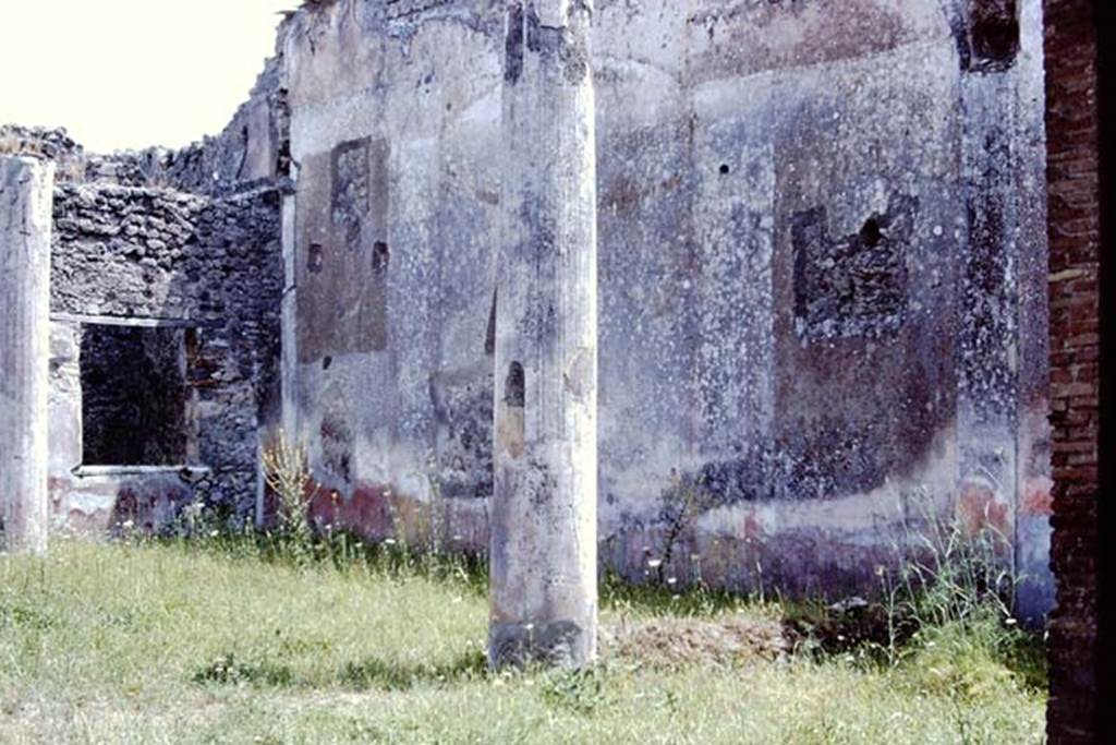 V.1.26 Pompeii. 1972. Room L, peristyle garden, looking towards south-east corner with window to room “t”. 
The south wall of the garden would have contained a painted hunt scene in the arched centre panel, and a garden scene on either side.
Photo by Stanley A. Jashemski. 
Source: The Wilhelmina and Stanley A. Jashemski archive in the University of Maryland Library, Special Collections (See collection page) and made available under the Creative Commons Attribution-Non-Commercial License v.4. See Licence and use details.
J72f0404

