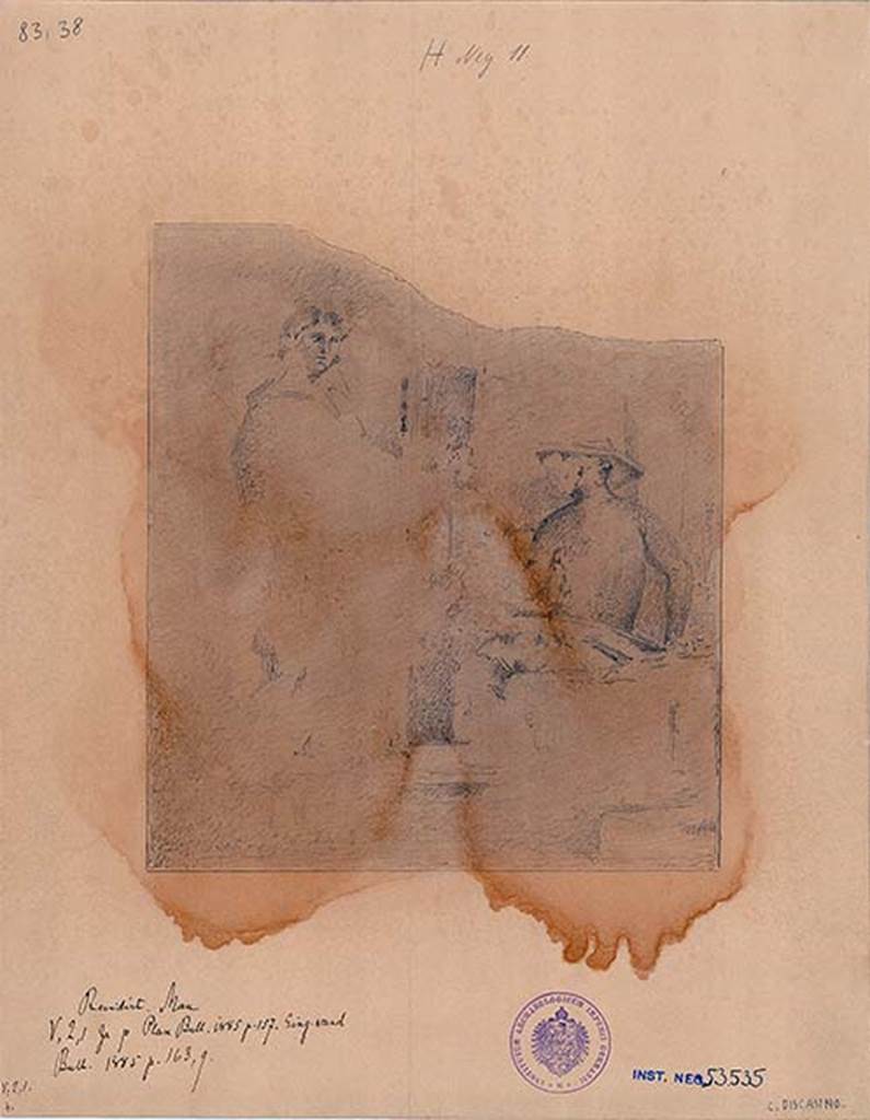 V.2.1 Pompeii. Room 9, painting on east wall of triclinium, much ruined at the time of discovery. This has been interpreted as both either Atalanta and Meleager, or possible Odysseus and Penelope. DAIR 83.38. Photo  Deutsches Archologisches Institut, Abteilung Rom, Arkiv. 

