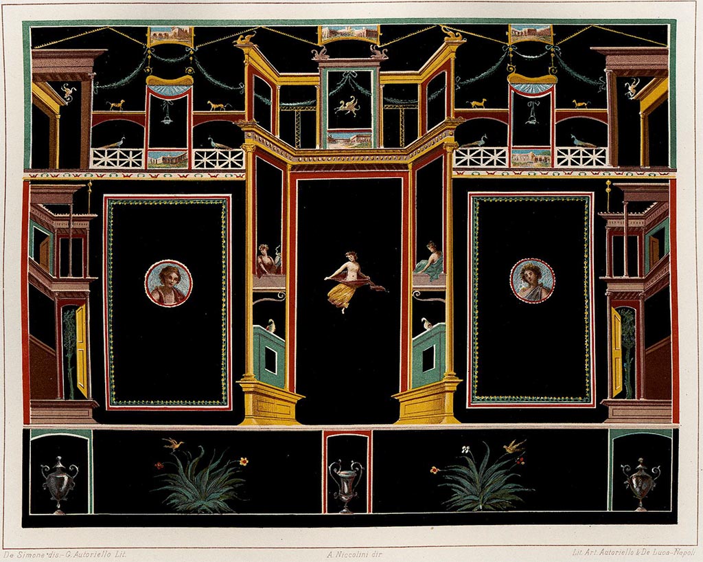 V.2.i Pompeii. Room 17, detail of painted decoration of a wall with black background. 
See Niccolini, F., 1896. Le Case ed i Monumenti di Pompei Book 4, (Nuovi Scavi, Tav. XVIII).



