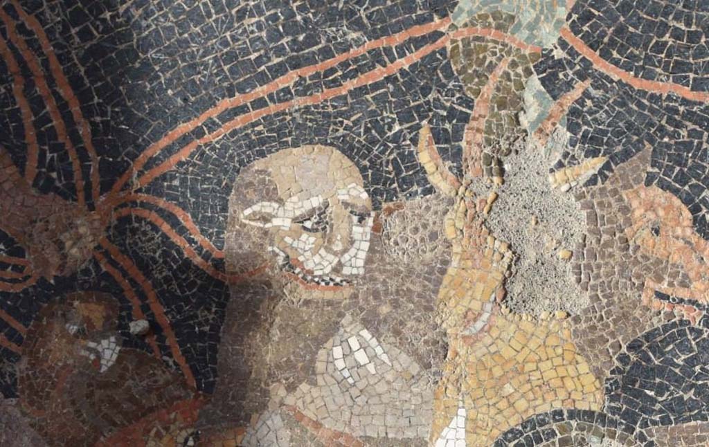 V.2.15 Pompeii. Room A6 during 2018 excavations. Part of mosaic floor with panther, eagle and goat and other animals.
Photograph © Parco Archeologico di Pompei.

