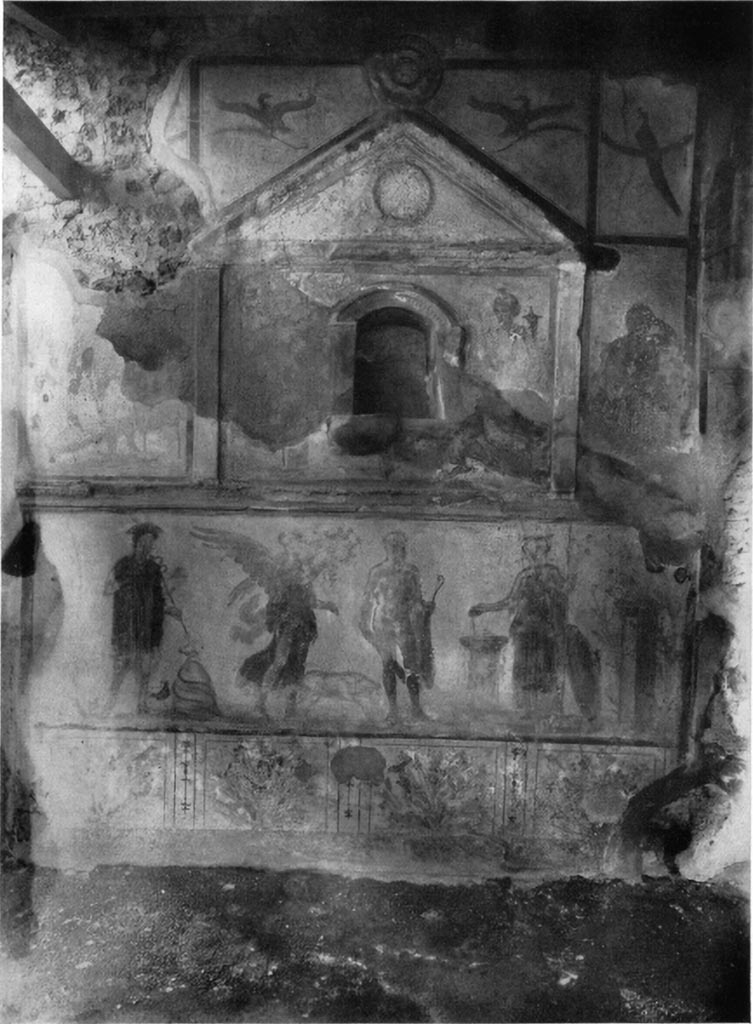 V.4.3 Pompeii. c.1930s. Lararium painting from west wall of atrium.
Hercules with club and lion skin is in the centre. 
Also recognisable on the left was Mercury and next to Mercury was a crowing cock.
From left to right were an omphalos with a snake, Victoria with spread wings, a pig, Hercules and Minerva sacrificing at an altar, with her shield and owl.
At the sides of the niche were paintings of the gods.
To the right of the niche was Fortuna but only the head with a small modius and the cornucopia against her left shoulder were visible.
To the left of the niche was Venus Pompeiana dressed in green, her left arm on the steering rudder and an olive branch in her right hand. Amor with a mirror stands to the left, on a base.
Outside the aedicula to the right is Jupiter seated on a throne with his head leaning on his left hand. A sceptre rests on his left shoulder and the thunderbolt is in his right hand.
On the left outside the aedicula is Bacchus with a thyrsus in his left hand and a kantharos in his right pouring wine into the mouth of the panther at his side.
In each of the two triangular panels above the pediment was painted an eagle in flight, holding a palm in its talons.
In the top right above Jupiter is a peacock perched on a garland.
On the aedicula pediment are various figures in stucco relief and a wreath (laurel?). 
Above the gable peak is a stucco patera.
See Boyce G. K., 1937. Corpus of the Lararia of Pompeii. Rome: MAAR 14.  (p.39, no.118, pl. 25,1).
