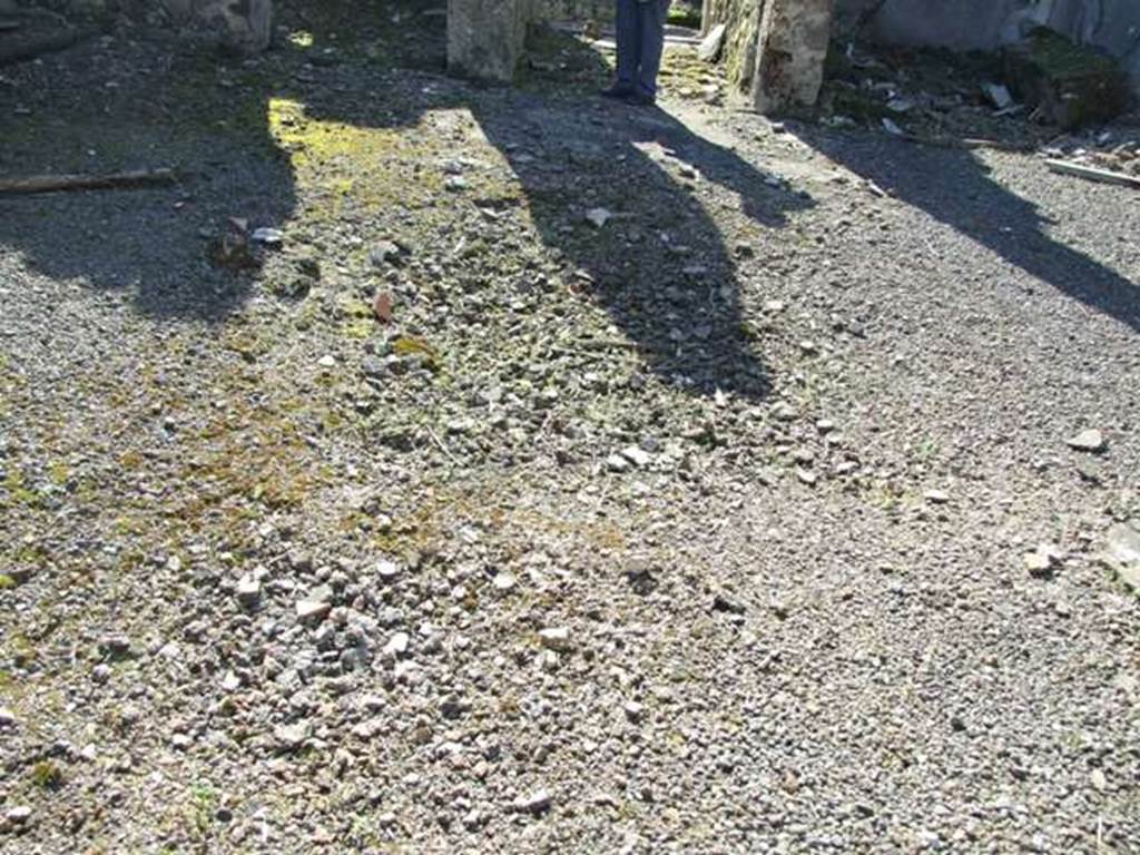 V.4.c Pompeii. March 2009. Room B, the atrium, looking west across site of impluvium. Upon excavation, at the head of the impluvium on the east side, a marble table (a) was discovered. It was supported by a marble statuette of an animal, perhaps a leopard with eyes of glass paste. It was crouching on its hind legs, in profile to the right and with the head in front. On the south side, slightly to the rear of the table, was a terracotta puteal (b). Found in the area of the puteal, a lead funnel to pour water collected through a water-pipe into the adjacent tank. Also found at the impluvium  on April 29th 1902 were  one of the usual cylindrical lead water-tanks. Two bronze basins, one with traces of silver-plating, a casserole with similar traces, and a swollen belly-jug, were also found. In the soil of the atrium, between 2nd and 6th June 1902, money and other objects were listed in NdS, 1902, (p.379). See Notizie degli Scavi, 1905, (p.130)
