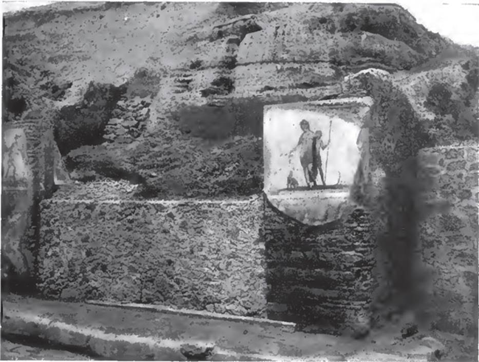 V.6.1 Pompeii. 1906. Paintings of Mercury left and Bacchus right. 
See Notizie degli Scavi di Antichit, 1906, p. 55 fig. 5.
Kuivalainen describes 
A composition of two standing figures on a white background. The higher, in the middle, is a youth leaning on a shoulder of a satyr; he wears a cloak which hangs down from his left arm and covers his thighs; his right arm is stretched down, and he holds a cantharus from which he pours wine into the mouth of a seated panther on his right side, with an artistically folded tail. The smaller satyr has a pine wreath on his head, and holds a thyrsus in his left hand. On the right is a small tree trunk.
Kuivalainen comments 
This simple and domestic scene takes place in a natural setting.
See Kuivalainen, I., 2021. The Portrayal of Pompeian Bacchus. Commentationes Humanarum Litterarum 140. Helsinki: Finnish Society of Sciences and Letters, (p.159, F1).
