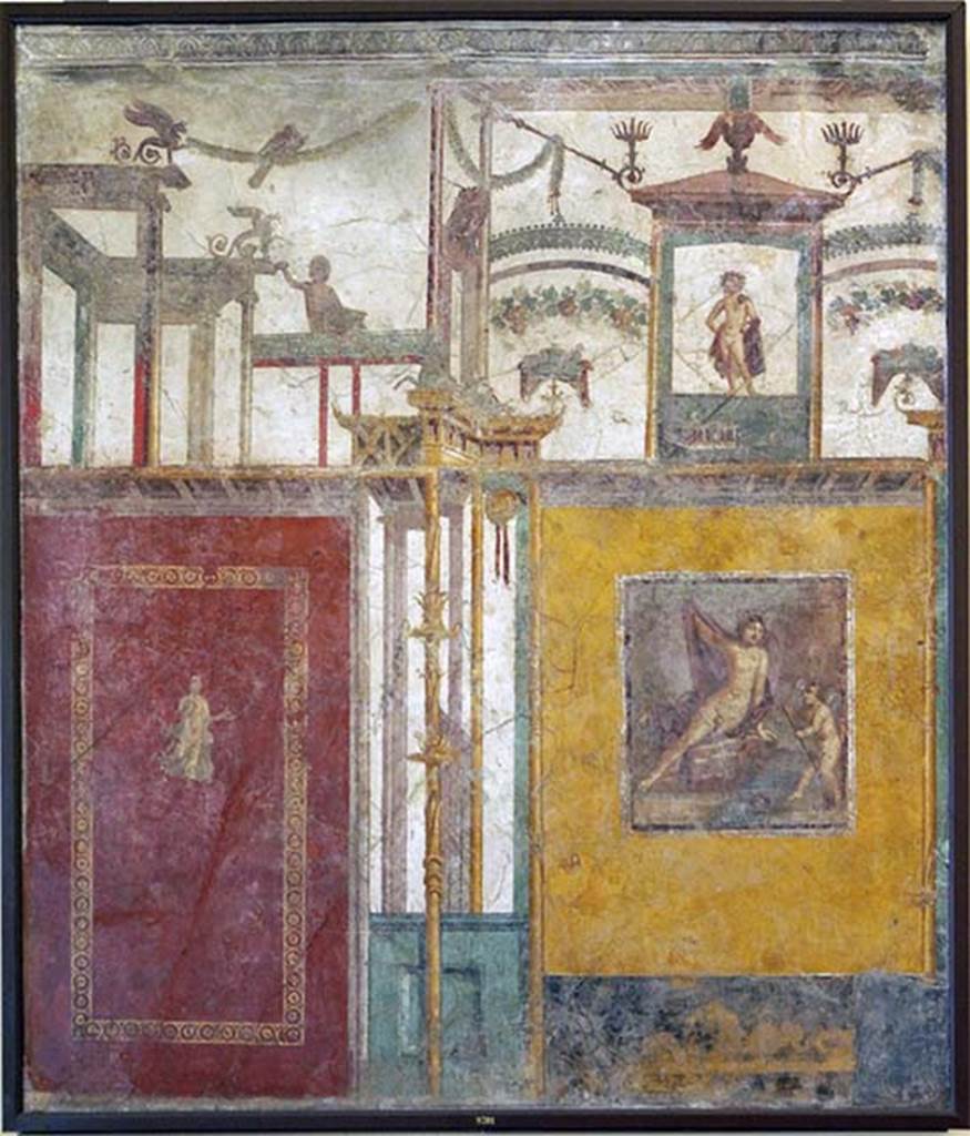 VI.1.7 Pompeii. Found on 15th December 1770, wall painting of either Narcissus or Bacchus with architectural scenes.
Found in Prothyron (g) In una stanza immediata alla descritta..
Now in Naples Archaeological Museum. Inventory number 9701.
See Pagano, M. and Prisciandaro, R., 2006. Studio sulle provenienze degli oggetti rinvenuti negli scavi borbonici del regno di Napoli. Naples : Nicola Longobardi. (p.68).
