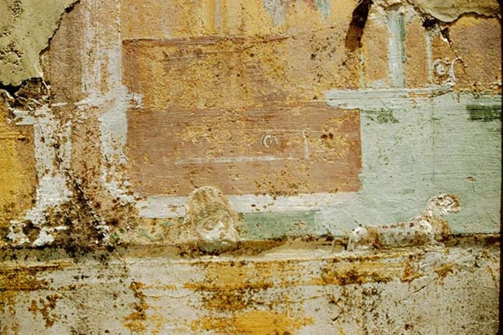 VI.1.10 Pompeii. 1957. Detail of painted plaster from north end of east wall. The tragic mask and a panther crouching to the right were to be seen on the top of the zoccolo. Photo by Stanley A. Jashemski.
Source: The Wilhelmina and Stanley A. Jashemski archive in the University of Maryland Library, Special Collections (See collection page) and made available under the Creative Commons Attribution-Non Commercial License v.4. See Licence and use details.
J57f0166 
