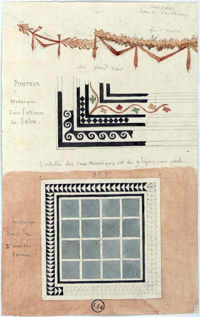 VI.1.25 Pompeii. The central sketch is a watercolour drawing of a part of a mosaic in the atrium of the House of Salve.
The upper sketch appears to be a garland from the Pantheon (VII.9.7) which it said had a black background. 
The lower sketch says it is a mosaic in the 2nd house Pompei, which is from VI.2.22, either the tablinum or a triclinium. 
See Lesueur, Jean-Baptiste Ciceron. Voyage en Italie de Jean-Baptiste Ciceron Lesueur (1794-1883), pl. 46.
See Book on INHA reference INHA NUM PC 15469 (04)  « Licence Ouverte / Open Licence » Etalab


