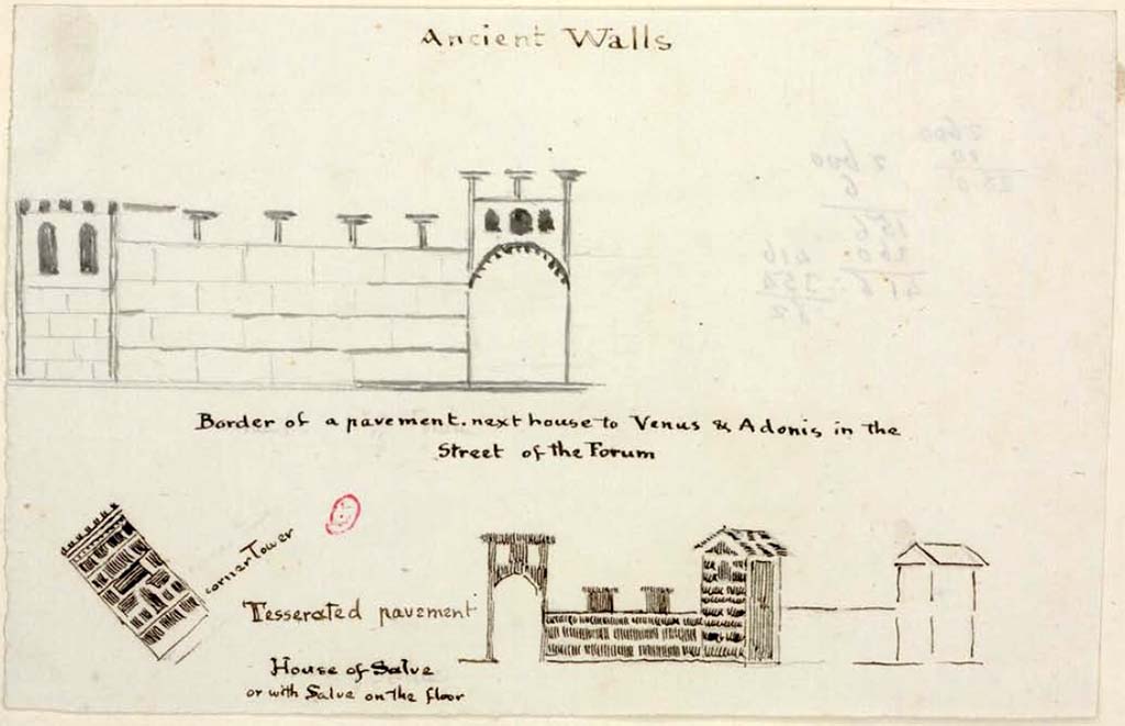 VI.1.25 Pompeii. Between 1819 and 1832 sketch by Gell.
The lower sketch would appear to show a floor in the House of Salve, or with Salve on the floor.
The upper sketch is from VIII.3.8, the floor mosaic in the atrium.
See Gell, W. Pompeii unpublished [Dessins de l'édition de 1832 donnant le résultat des fouilles post 1819 (?)] vol II, pl. 43.
Bibliothèque de l'Institut National d'Histoire de l'Art, collections Jacques Doucet, Identifiant numérique Num MS180 (2).
See book in INHA Use Etalab Licence Ouverte
