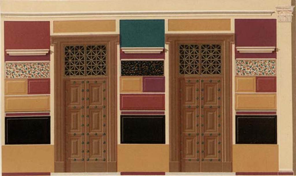 VI.2.4 Pompeii. 1882. Reconstruction painting by A. Sikkard of walls and doorways in atrium.
See Mau, A. 1882. Geschichte der Decorativen Wandmalerei in Pompeji. Berlin: Reimer. (p. 20, Taf II).
