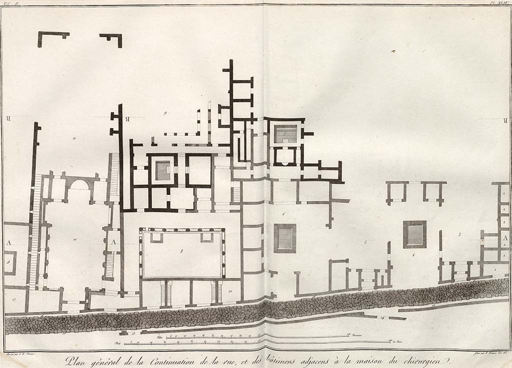 According to Piranesi, this is the plan in Plate XLIV – which shows
“Plan général de la continuation de la rue, et des batimens adjacens a la maison du chirurgien.”
See Piranesi, F, 1804. Antiquités de la Grande Grèce : Tome II. Paris : Piranesi and Le Blanc, pl. XLIV.

Translating as –
“General plan of the continuation of the street, and the buildings adjacent to the Surgeon's house”. 
(The House of the Surgeon in relation to the plan above would be situated to the north (right) of these buildings, on the opposite side of the roadway to the letter A, (on right of plan).

The entrance to atrium at VI.17.13 is marked 3. This joined with atrium 3, 5 and 6 would show the House of the Three Atriums.
Atrium 4 does not seem to exist in reality, but may be showing the atrium marked 3 in the wrong location and should be superimposed above 3.
The entrance to atrium 5 must be VI.17.16.
The entrance to atrium 6 must be VI.17.17.
On the left of the plan are the entrances at VI.17.25, and 24, leading to the street-level peristyle by VI.17.23. 
VI.17.25 seems to be described as a “Basilica”, presumably as it was found with no rooms at the sides of the atrium.
In one of his plans, he shows columns on either side of the centre of the atrium, as would be seen in a Basilica, as seen at VIII.1.1.
The lower No.13 would appear to be VI.2.4
The lower No.14 would appear to be VI.2.7
