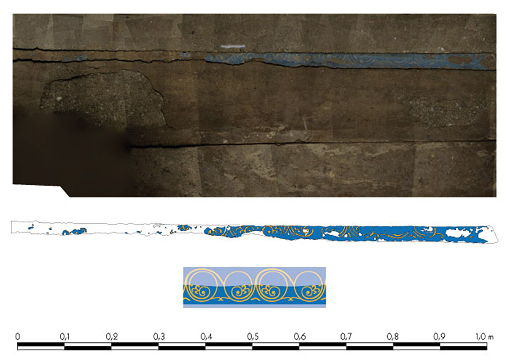 Fig. 7 - Pompi Pistrina. Empreinte de la dcoration dun probable encadrement de porte, dcouvert dans la cave sous-jacente au four de la boulangerie VI 3, 3.27-28. 
De haut en bas : photogrammtrie tridimensionnelle ; interprtation de la photogrammtrie ; hypothse de restitution du rinceau dacanthe. Les zones plus claires sont intgralement restitues, le dessin des autres est fond sur les vestiges de dcoration observs.
N. DellUnto / Lund University ; DAO N. Monteix.
