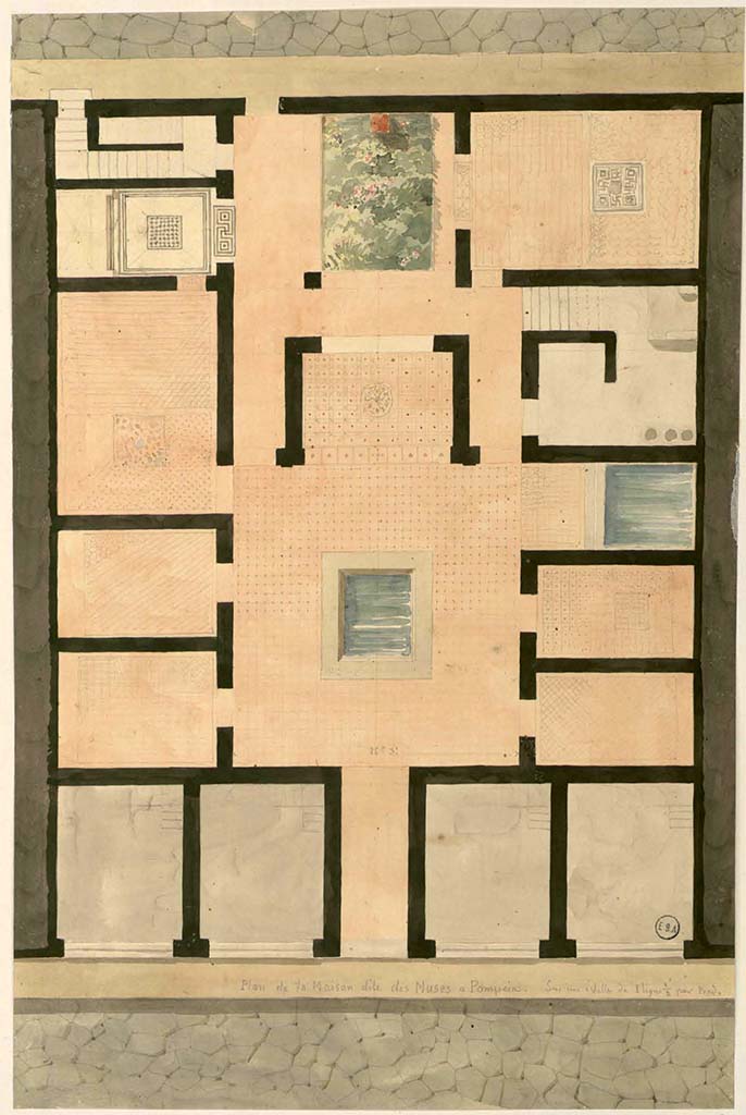 VI.3.25 Pompeii. Plan of House, with rear entrance doorway, left of centre, at the top.
The main entrance doorway at VI.3.7 is in the lower centre.
See Lesueur, Jean-Baptiste Ciceron. Voyage en Italie de Jean-Baptiste Ciceron Lesueur (1794-1883), pl. 4.
See Book on INHA reference INHA NUM PC 15469 (04)   Licence Ouverte / Open Licence  Etalab
