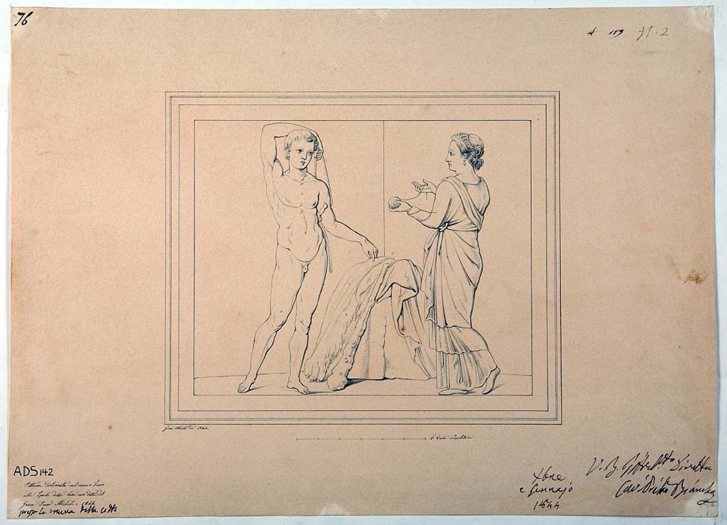 VI.5.3 Pompeii. Room 20. Drawing by Giuseppe Abbate, 1844, of painting of Arianna giving the thread to Theseus, painting now faded and more or less disappeared.
Now in Naples Archaeological Museum. Inventory number ADS 142.
Photo  ICCD. http://www.catalogo.beniculturali.it
Utilizzabili alle condizioni della licenza Attribuzione - Non commerciale - Condividi allo stesso modo 2.5 Italia (CC BY-NC-SA 2.5 IT)
